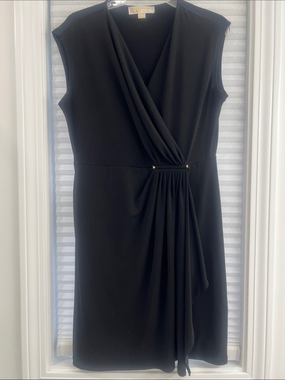 Michael Kors Black Sleeveless Faux-Wrap Midi Dress with Gathered Waist